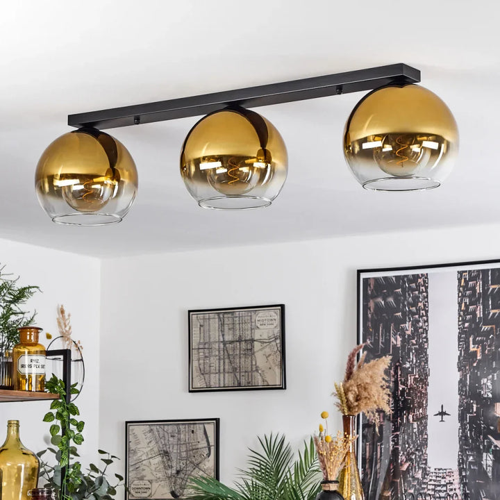 Modern Linear Ceiling Light with Amber Glass Globes