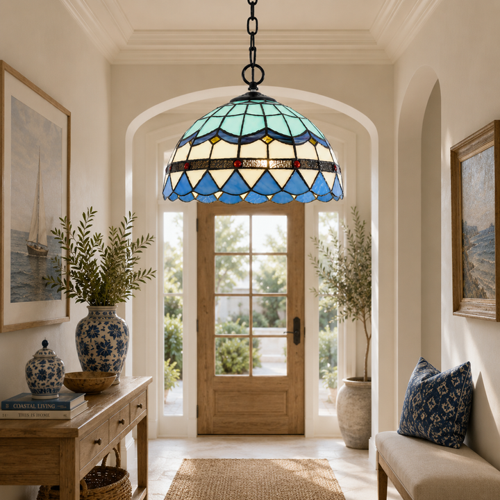 Vintage Blue Tiffany Style Stained Glass Pendant Light