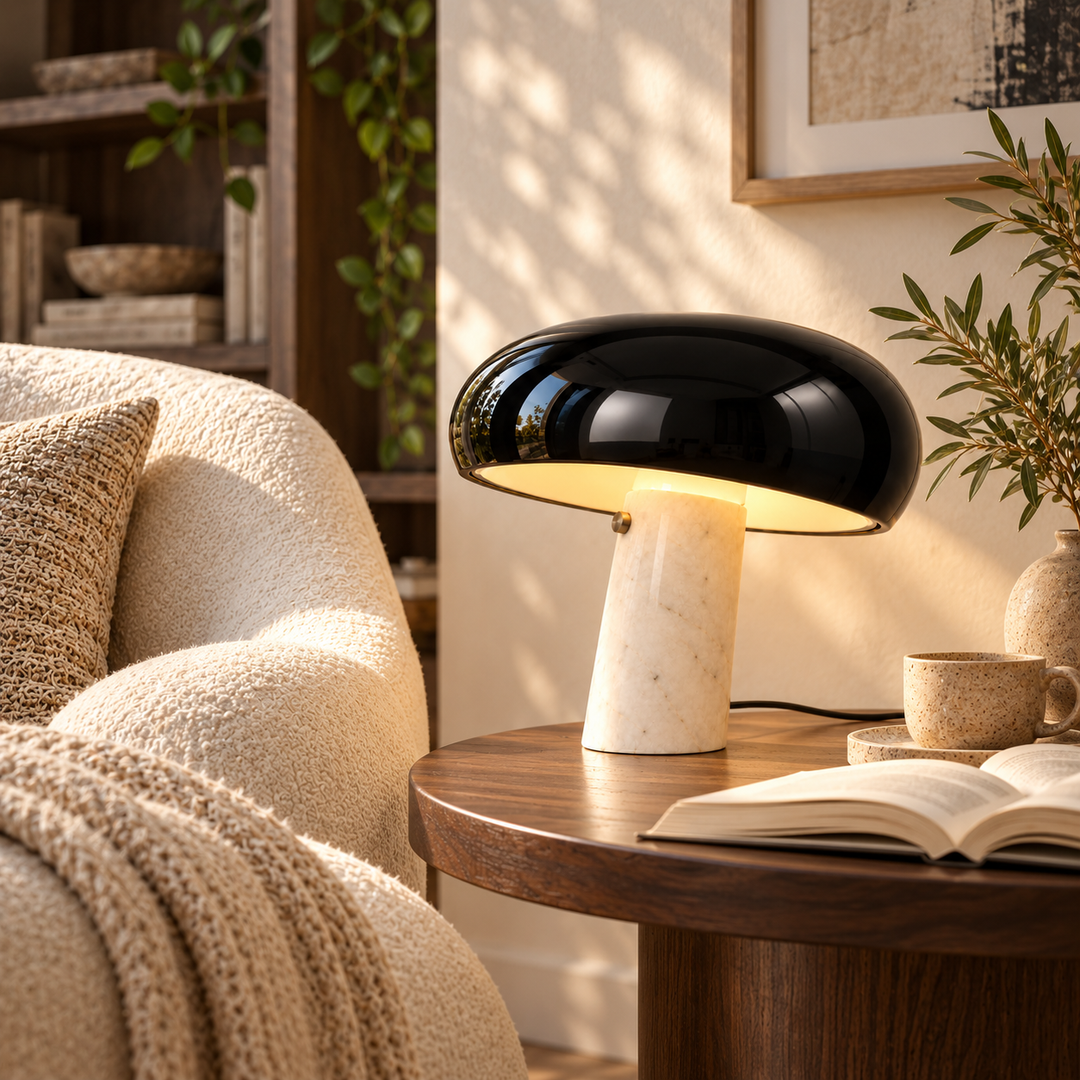 Black Dome Table Lamp with Stone Base