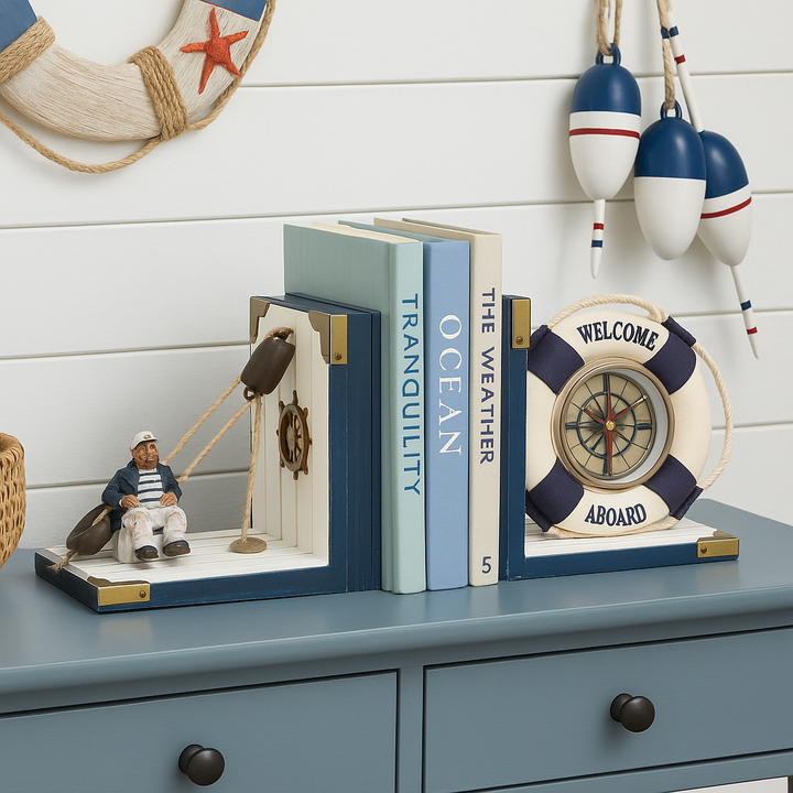 Nautical Bookends Decor Set with clock