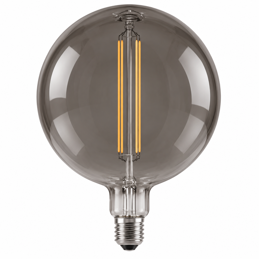 Smoky gray globe bulb with visible amber filament strips