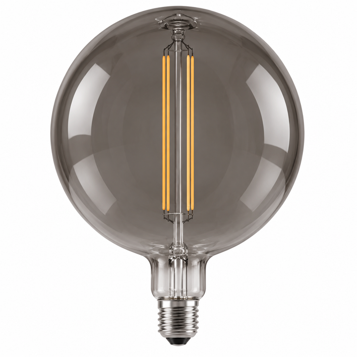 Smoky gray globe bulb with visible amber filament strips