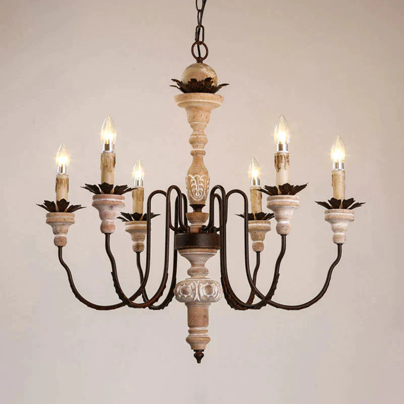 Vintage Candle-Style Chandelier - Distressed Wood Finish