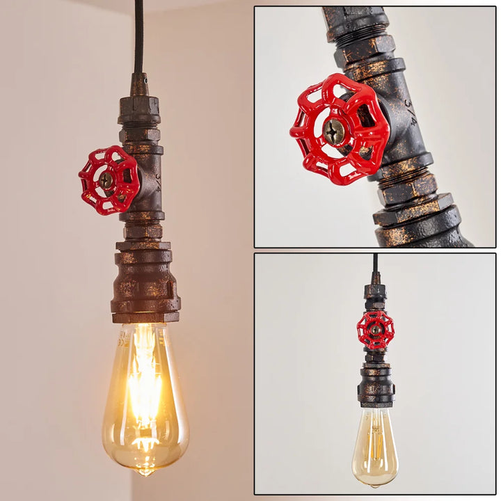 Industrial Pipe Pendant Light with Red Valve Accent