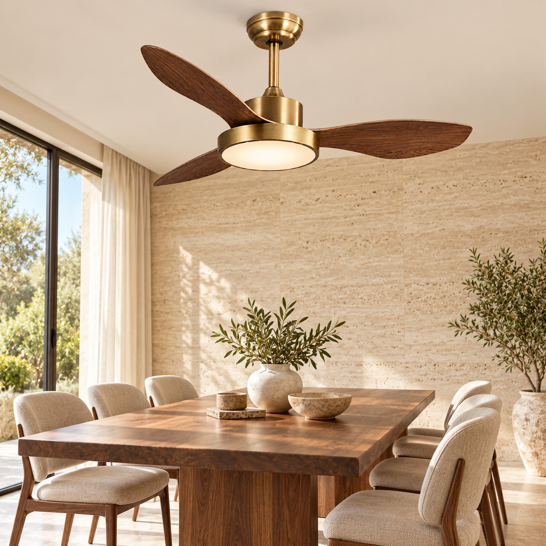 Elegant Wooden Ceiling Fan with Brass Accents