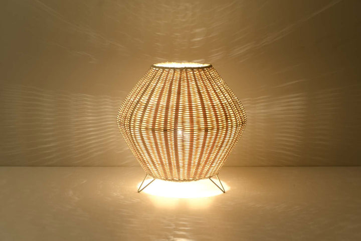 Rustic Woven bamboo Table Lamp with Ambient Light Pattern Effect