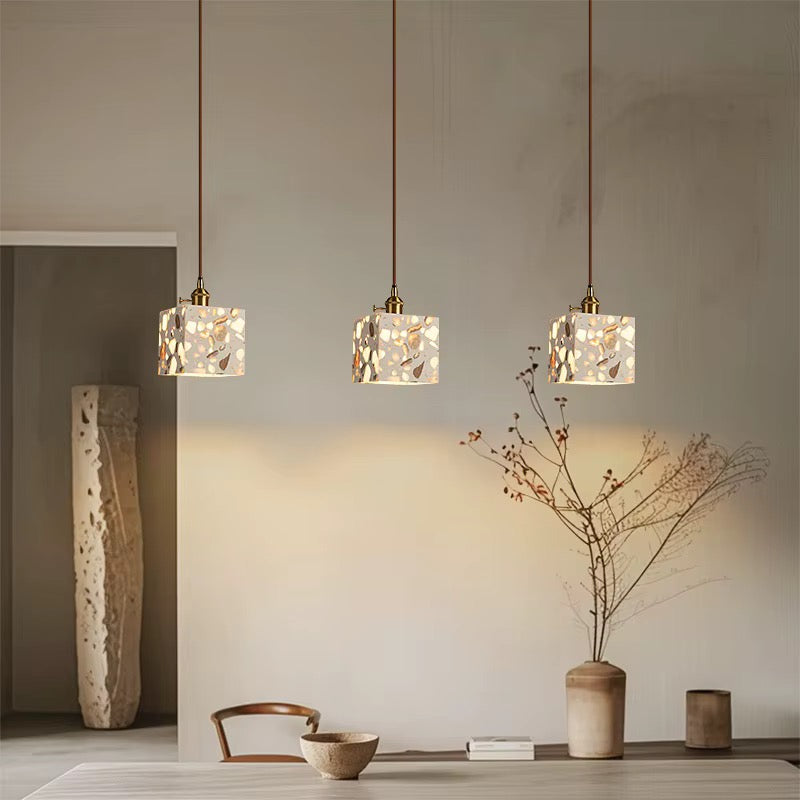 White Terrazzo Cube Pendant Light with Brass Mount