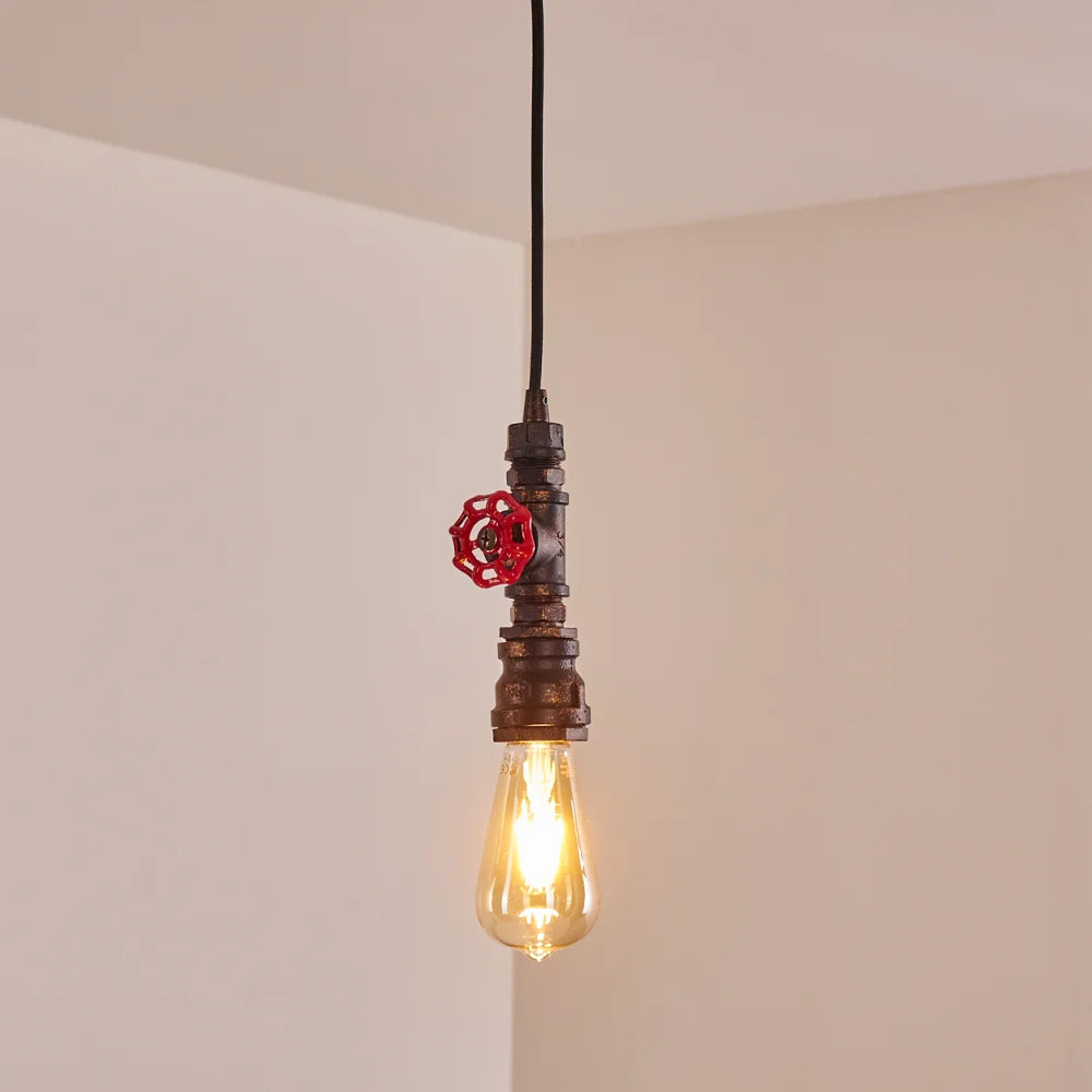 Industrial Pipe Pendant Light with Red Valve Accent