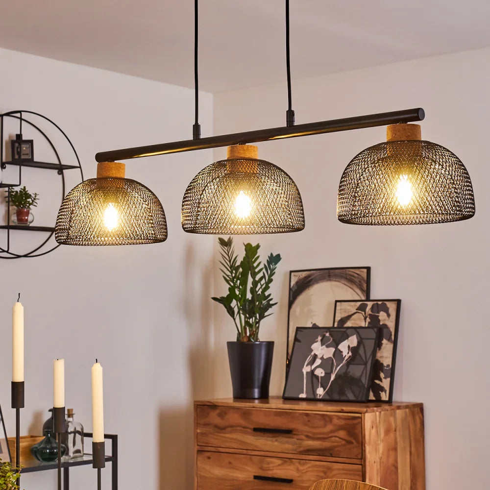 Industrial Triple Mesh Pendant Light with Wooden Accents