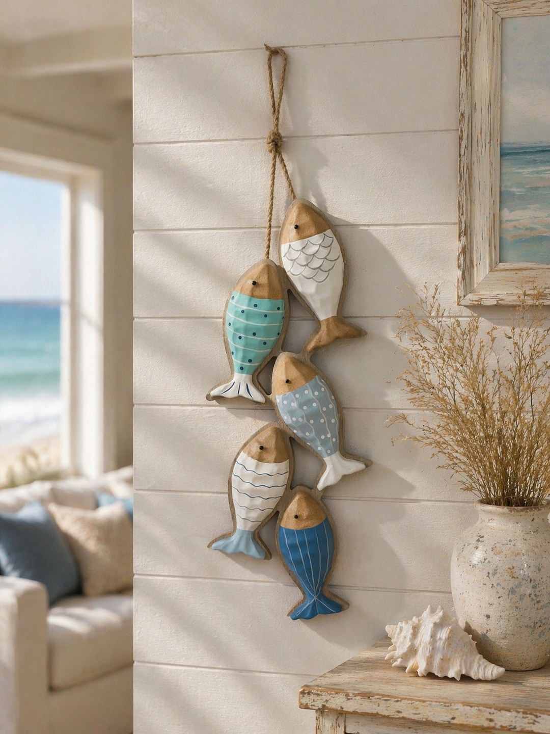 Decorative Hanging Fish Wall Set in soft coastal tones