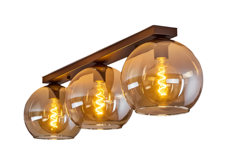 Modern Amber Glass Globe Ceiling Light - Triple Bar Design