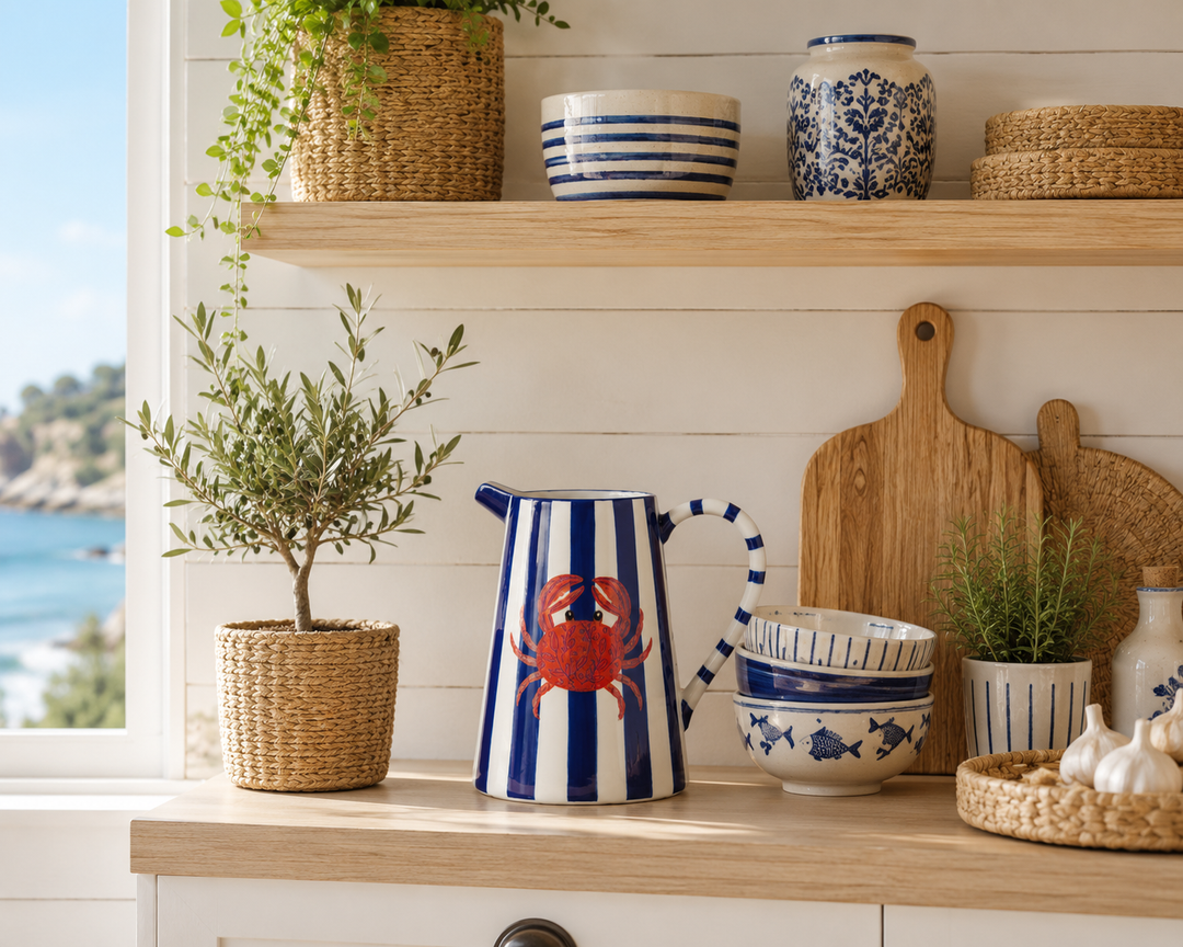 Coastal Striped Ceramic Pitcher with Crab Motif
