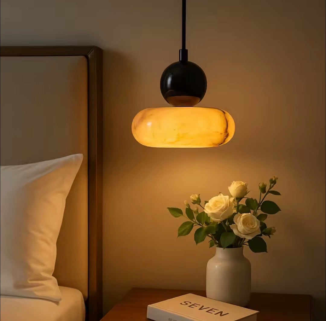Amber Alabaster and Black Globe Pendant Light