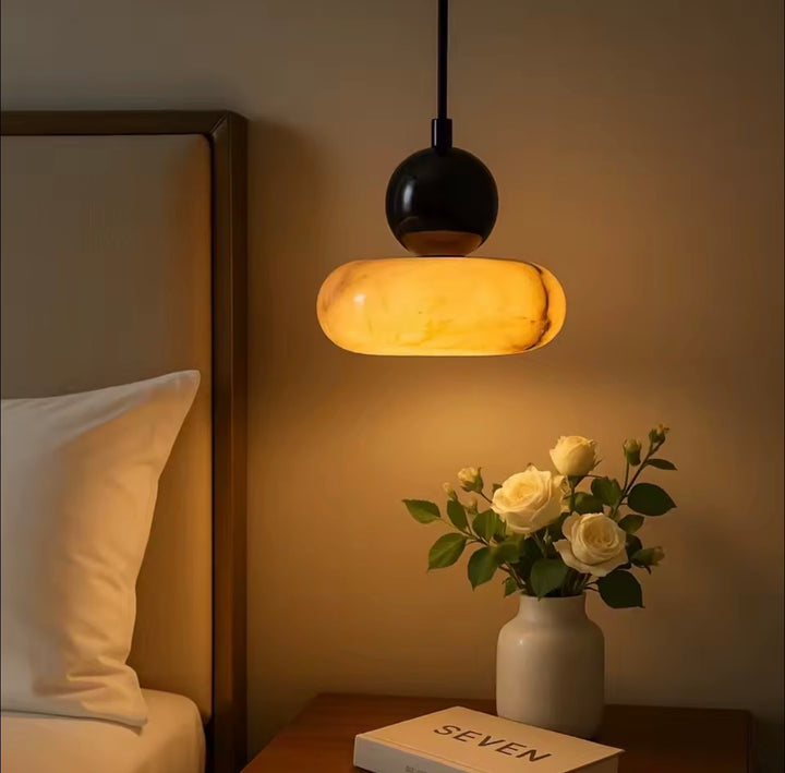 Amber Alabaster and Black Globe Pendant Light