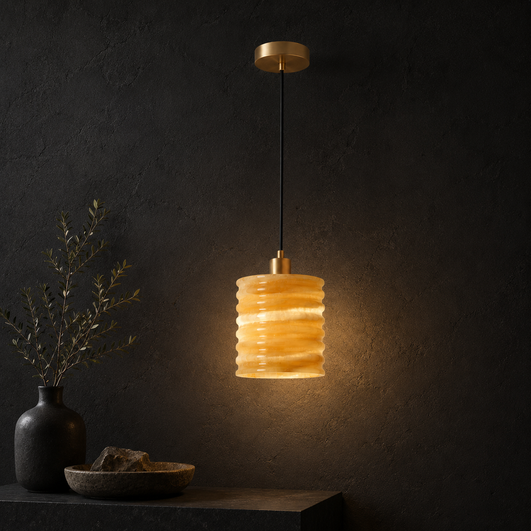 Modern Amber Ribbed Glass Pendant Light