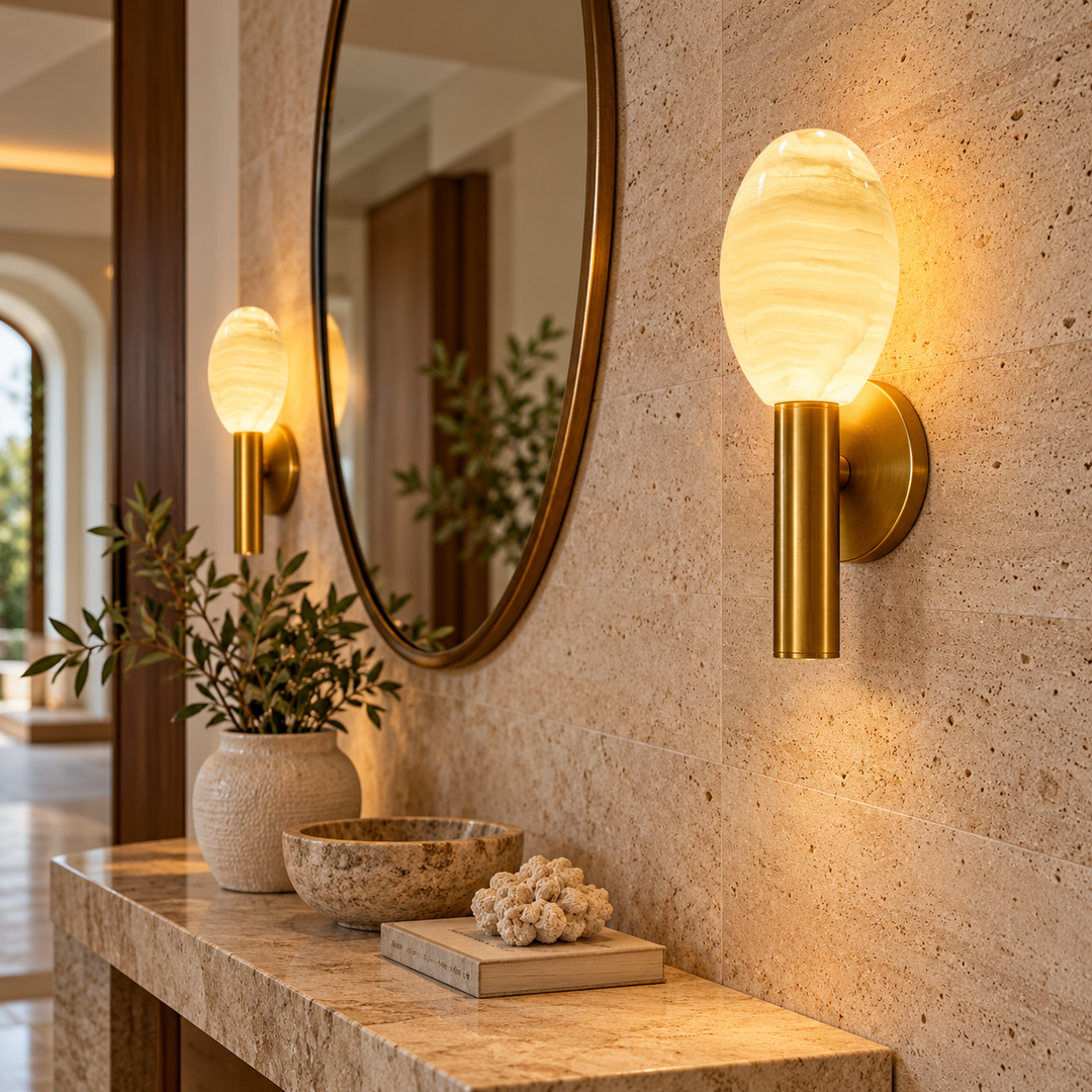 Luxury Oval Alabaster Wall Sconce in Brushed Antique Brass