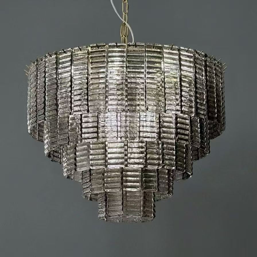 Silver-gray textured crystal chandelier with cascading rectangular elements