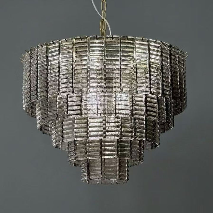 Silver-gray textured crystal chandelier with cascading rectangular elements