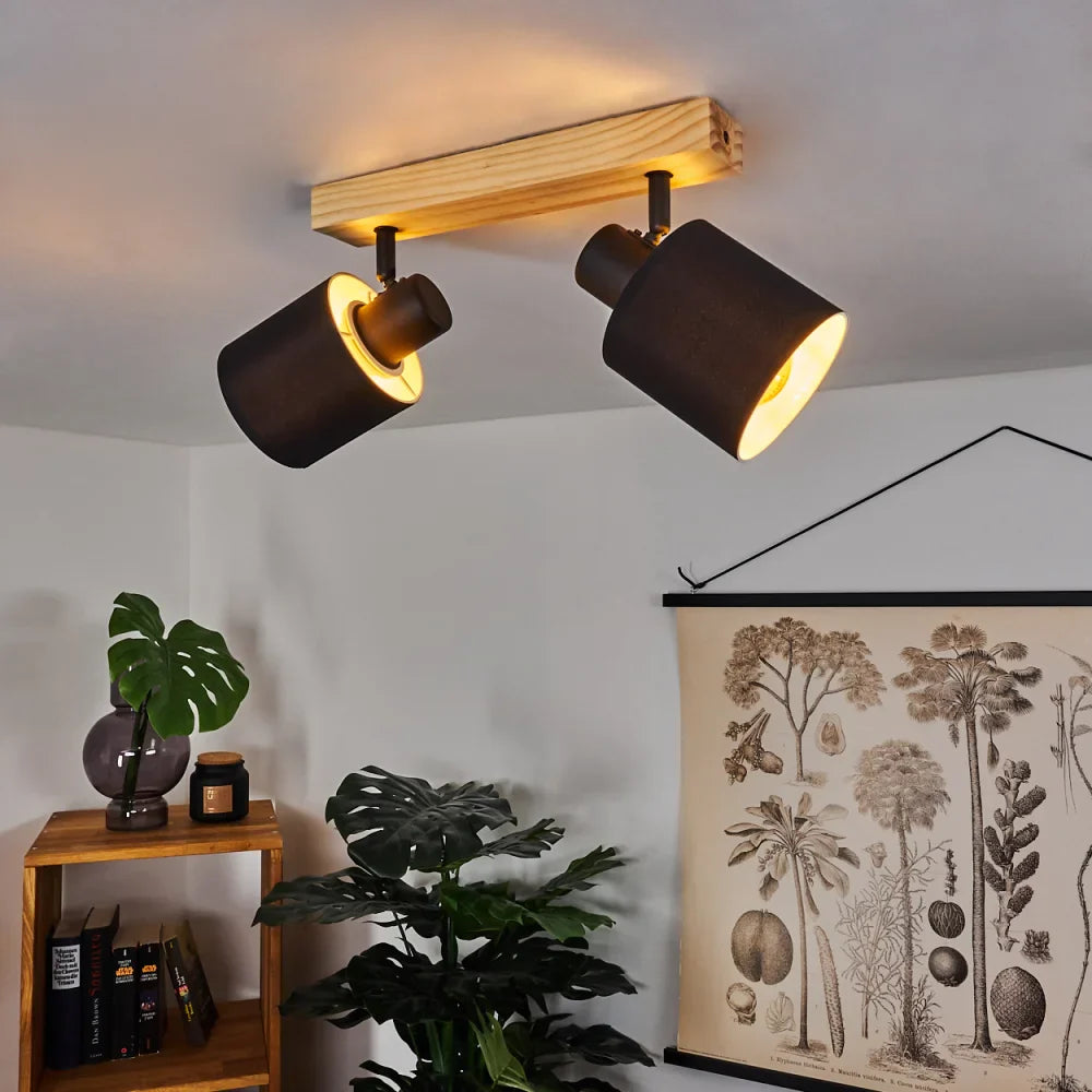 Modern Wooden Base Ceiling Spotlight with Three Adjustable Black Shades