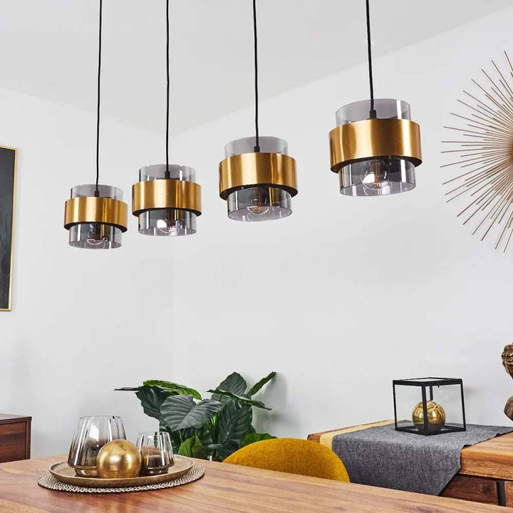 Setthis Elegant Gold and Smoke Glass Cylinder Pendant Light SetThis elegant pe ...