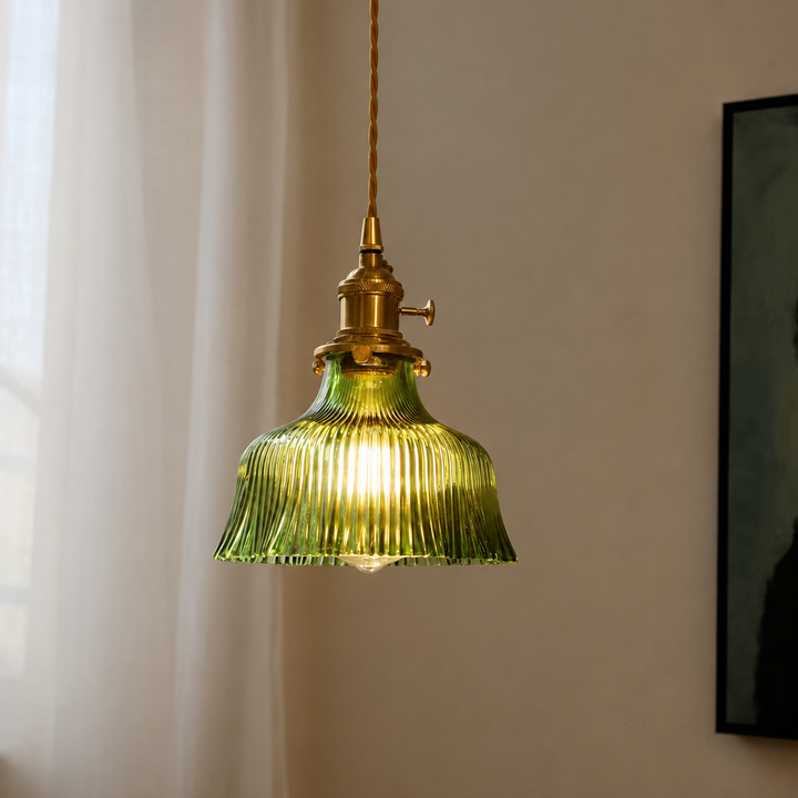 Vintage Green Or Clear Ribbed Glass Pendant Light with Brass Fittings