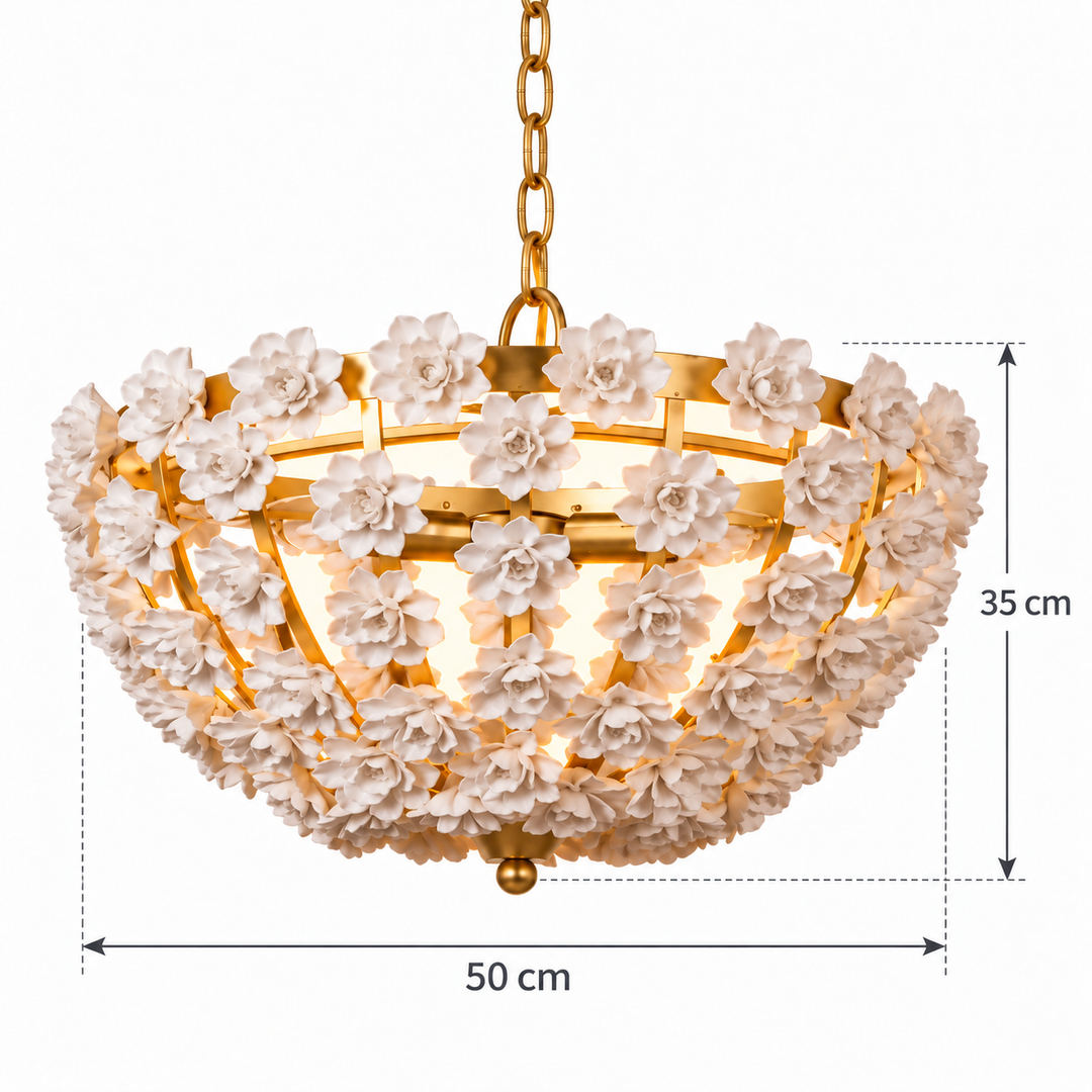 White Floral Gold-Frame Bowl Chandelier