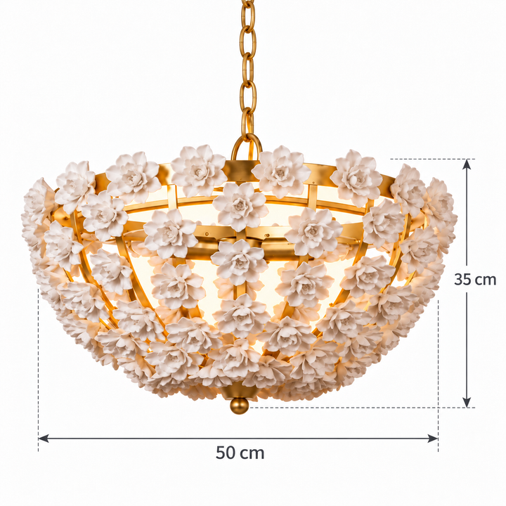 White Floral Gold-Frame Bowl Chandelier