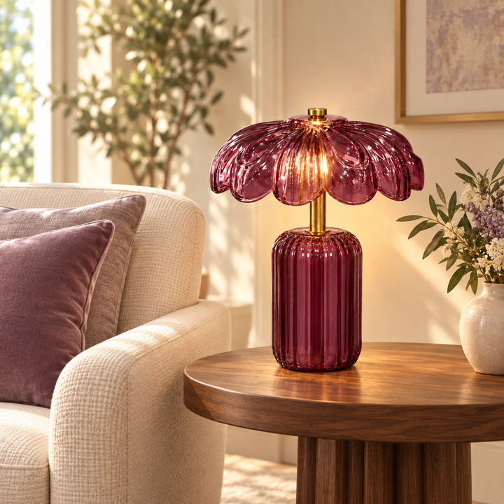 Burgundy Glass Flower Table Lamp