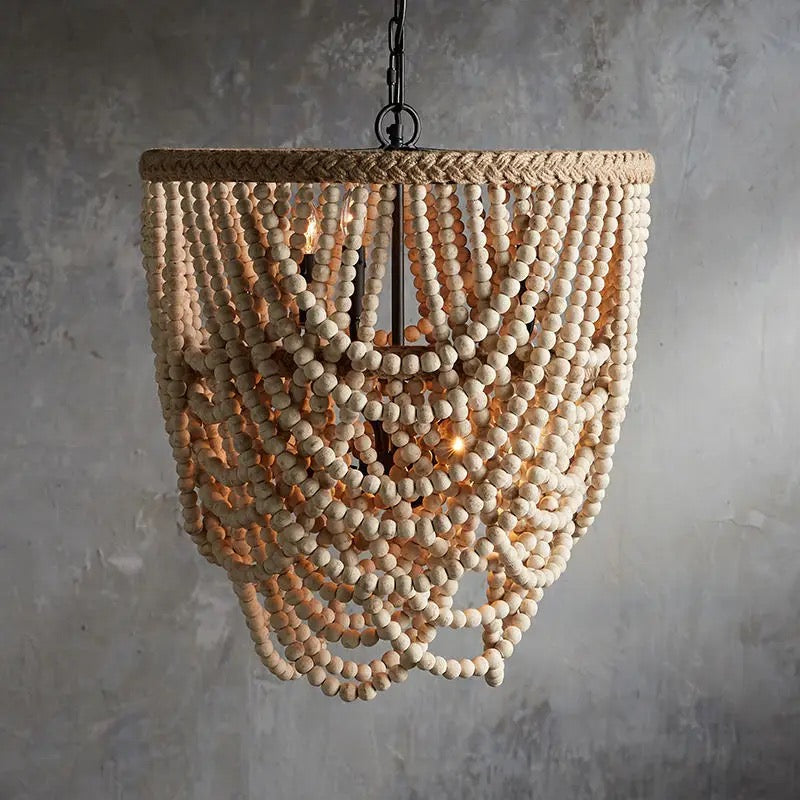 Rustic Beaded Chandelier with Natural Wood Finish