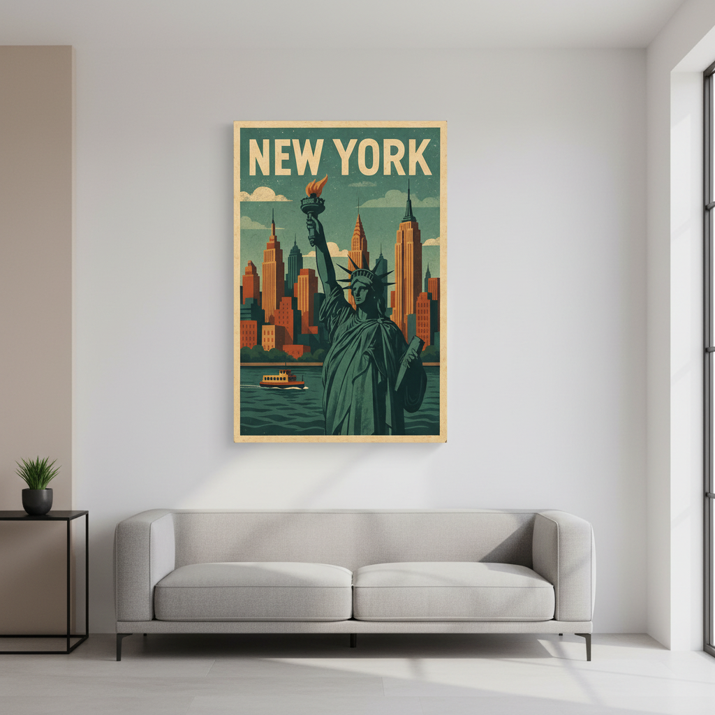 New York Statue of Liberty vintage travel poster with Manhattan skyline background
