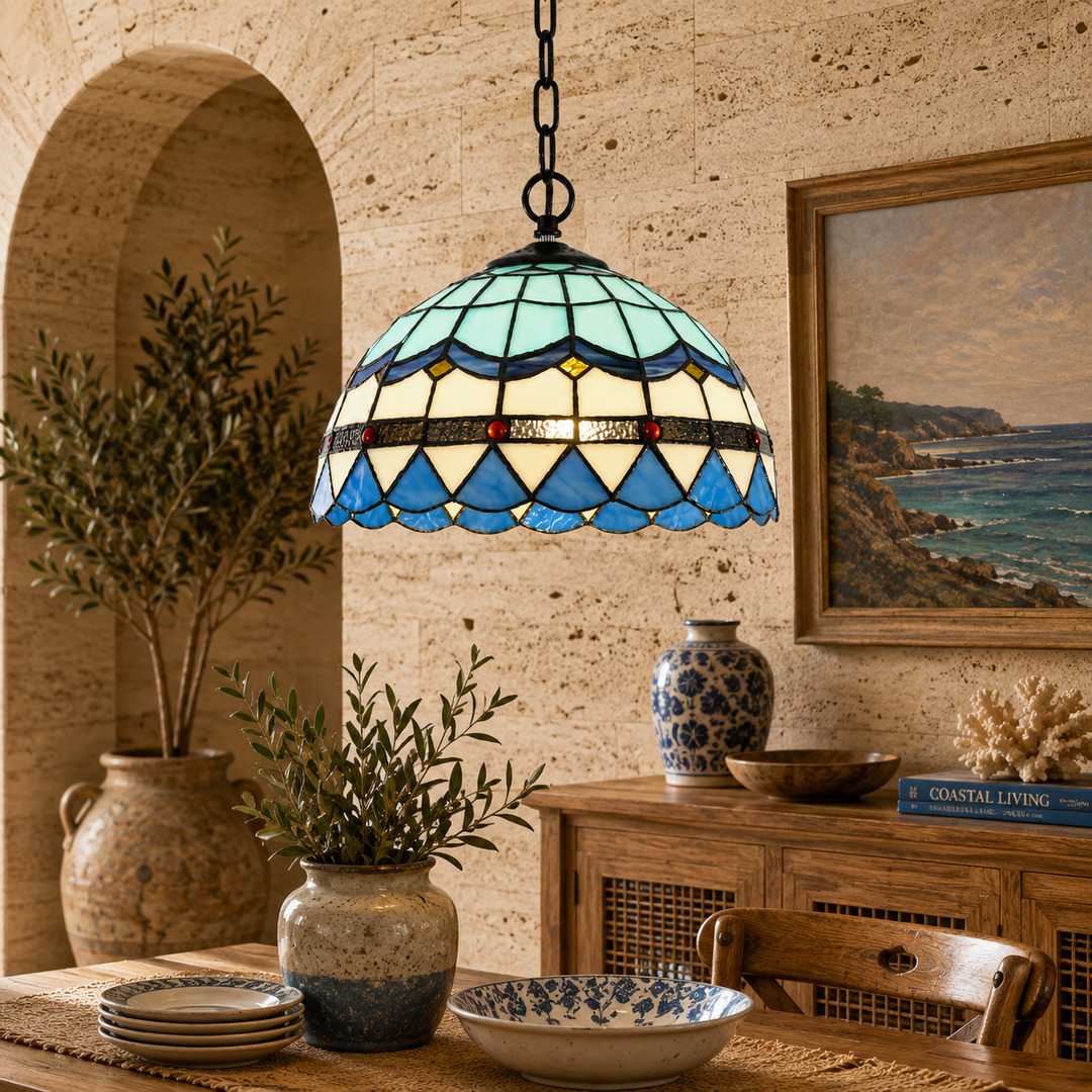 Vintage Blue Tiffany Style Stained Glass Pendant Light