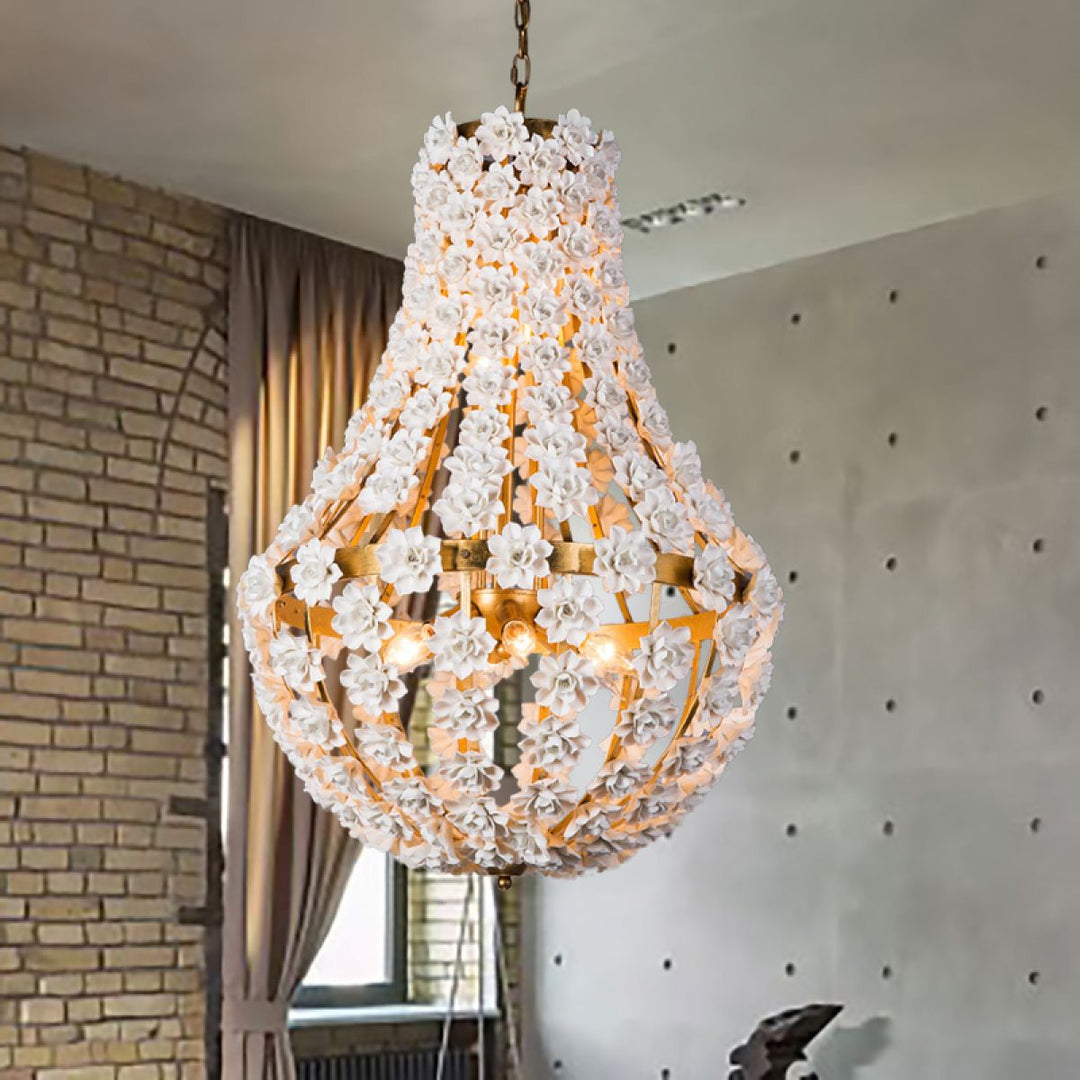 White Floral Ceramic Gold-Accent Chandelier