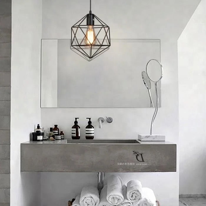 Industrial Pendant Light with Geometric Wireframe Design