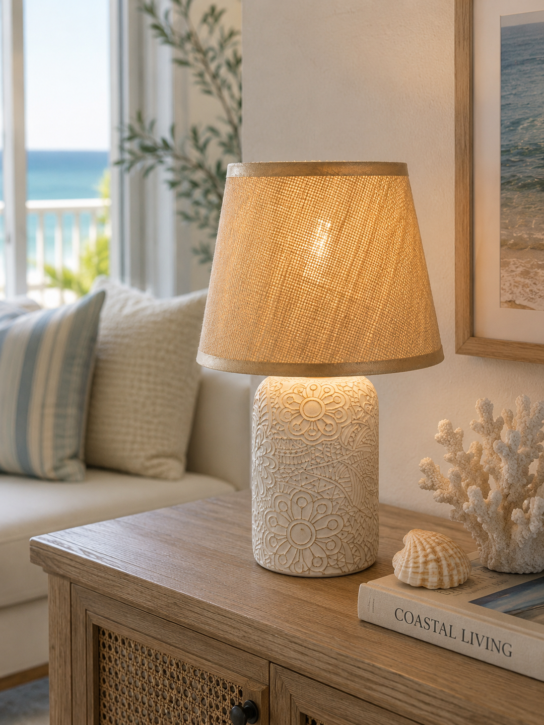 Floral Embossed Ceramic Table Lamp with Woven Fabric Shade