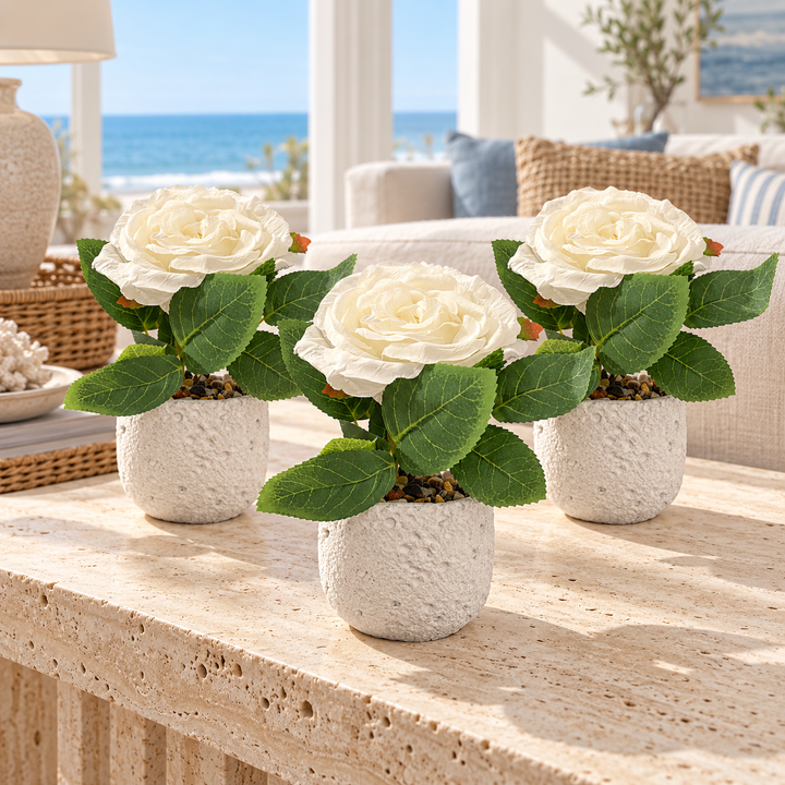 Artificial Cream Rose Plants in Textured Planters set of 3