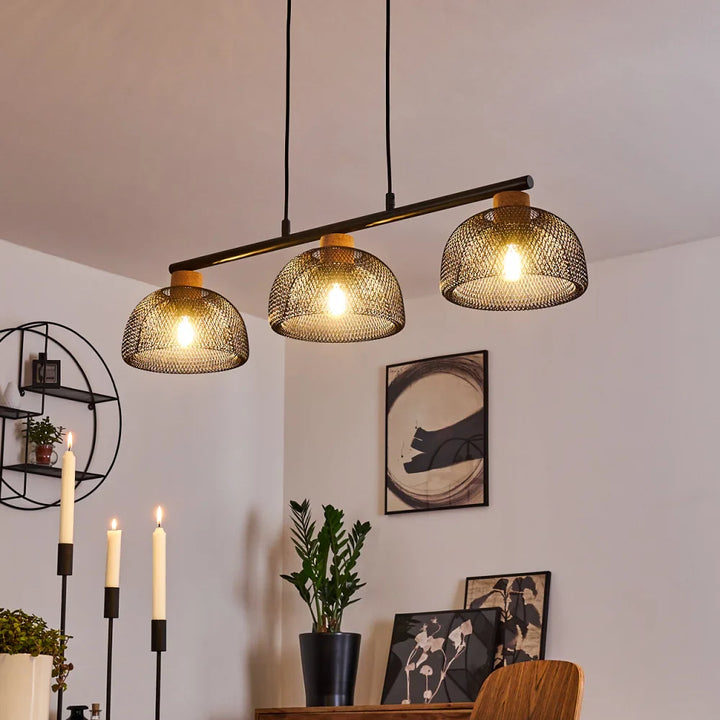 Industrial Triple Mesh Pendant Light with Wooden Accents