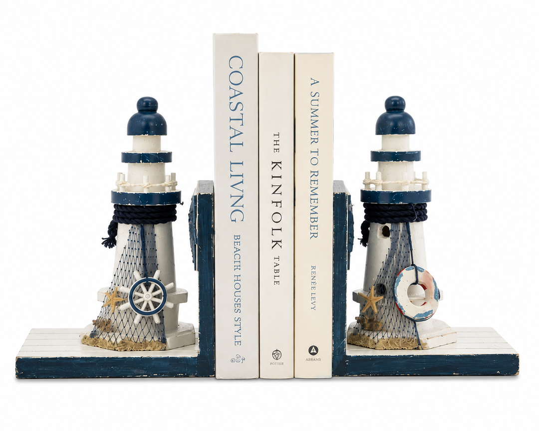 Pair of wooden lighthouse bookends with coastal nautical decorations in blue and white.