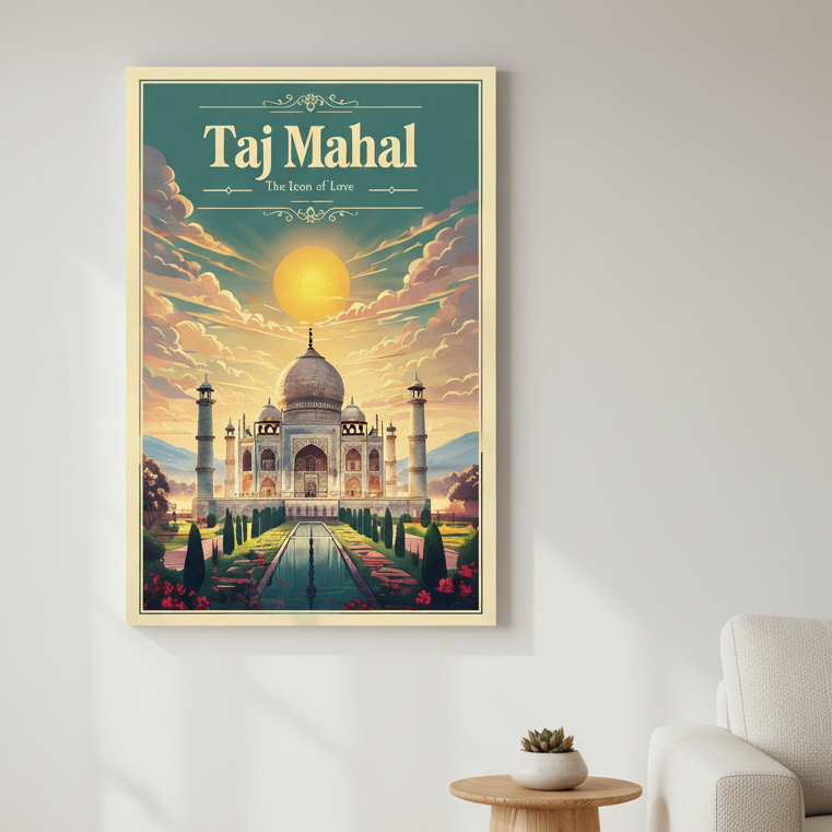 Vintage canvas artwork of Taj Mahal India with sunset and reflecting gardens