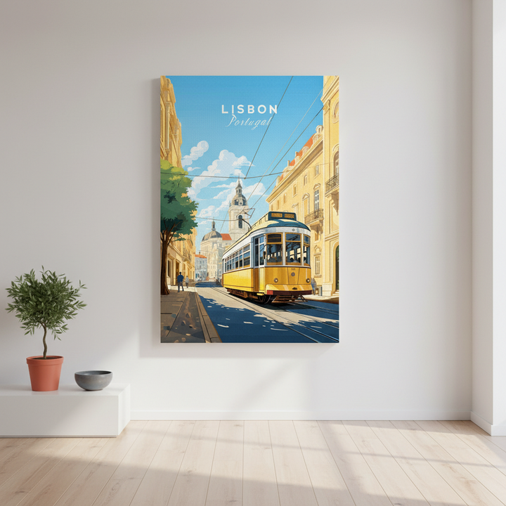 Lisbon Portugal vintage tram on canvas with yellow tram in historic street scene