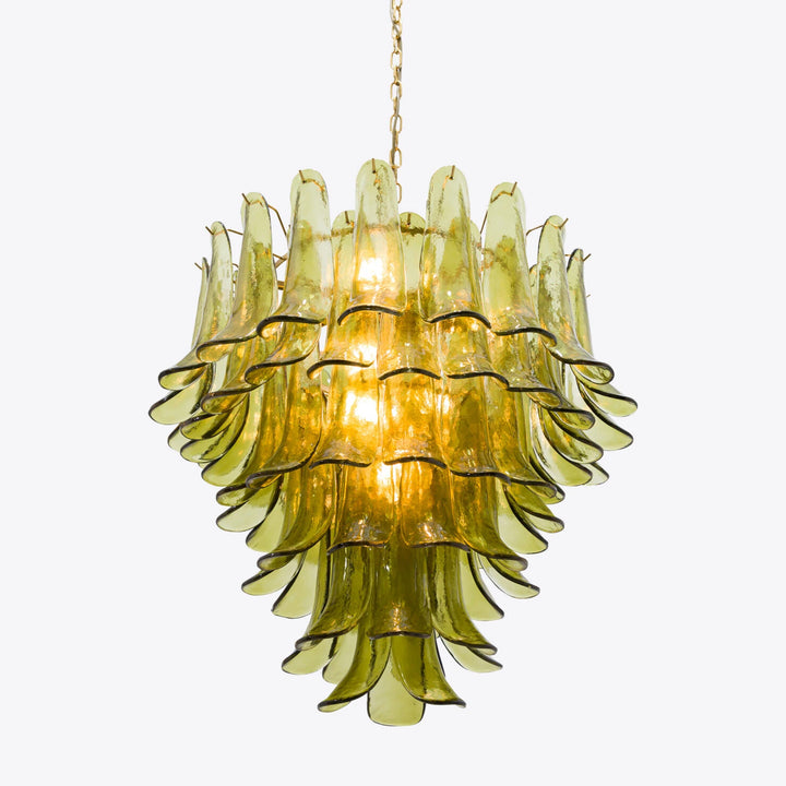 Olive Green Glass Cascade Chandelier with Layered Petal Shades