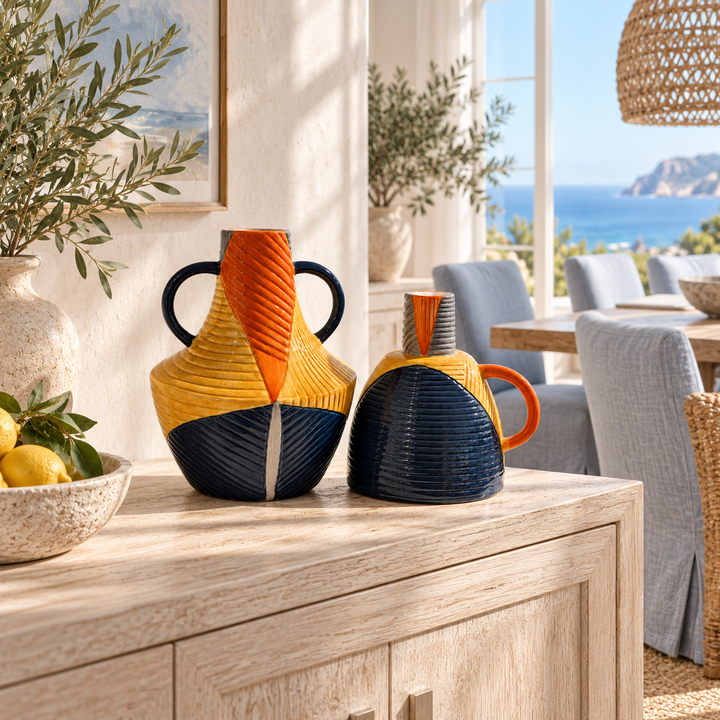 Sculptural Ribbed Ceramic Vase Set in Navy, Ochre & Terracotta