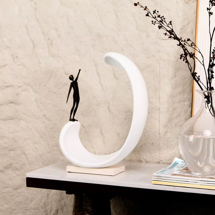 Modern Crescent Sculpture with Figurine