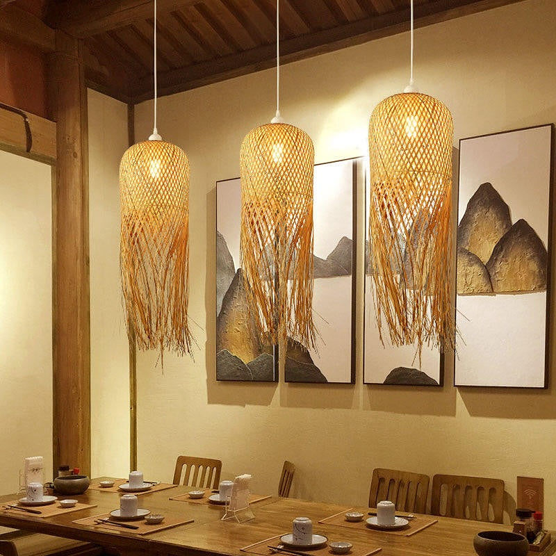 Handwoven Bamboo Pendant Lights with Fringe Design
