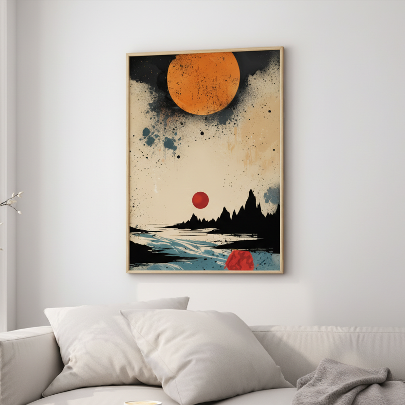 Minimalist abstract landscape with large orange sun and small red sun over water