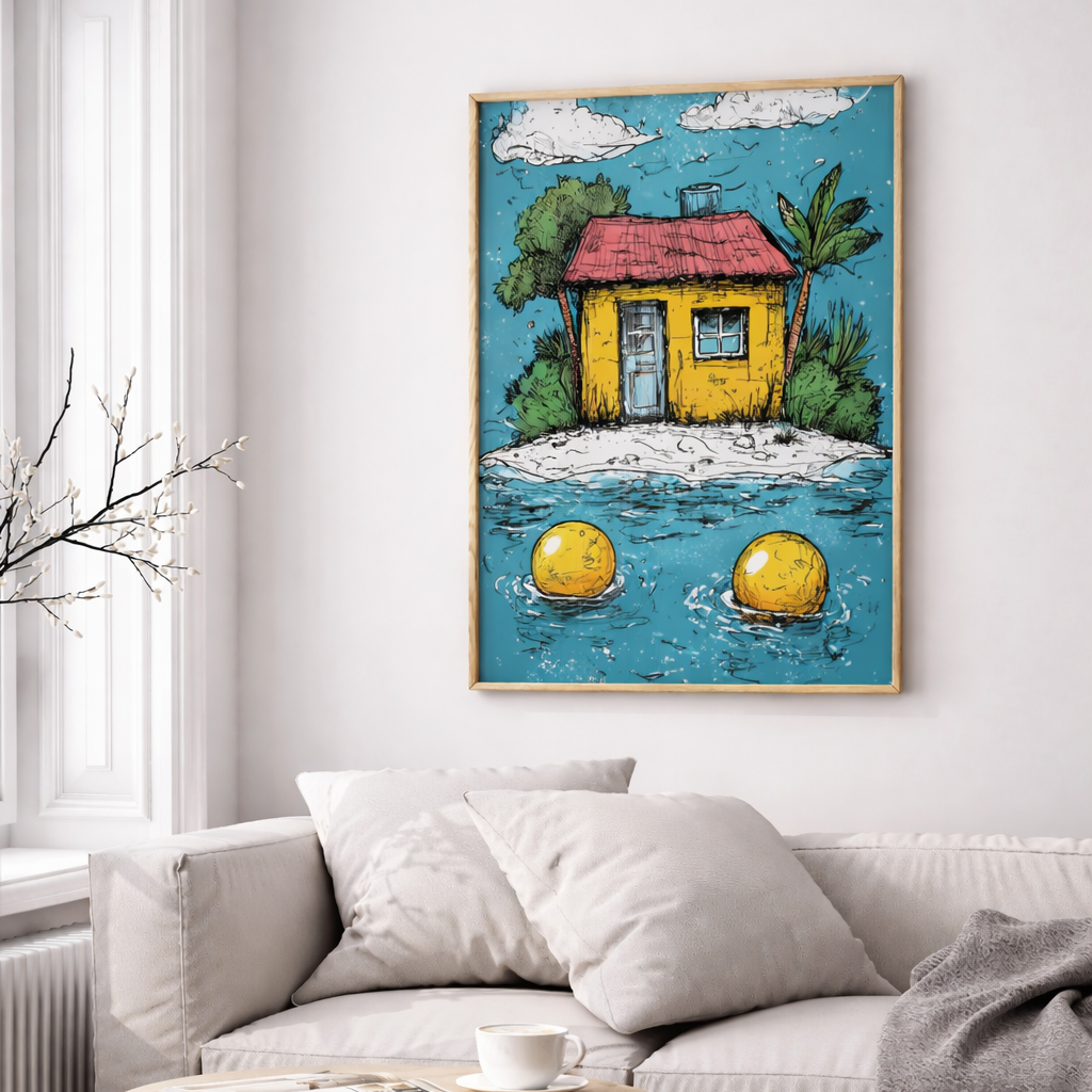 Colorful island house with palm trees and floating objects in water illustration