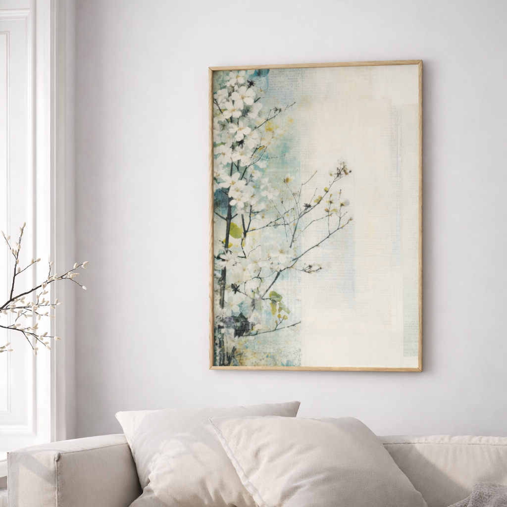 Minimalist floral wall art with soft white blossoms and pastel tones in modern interior