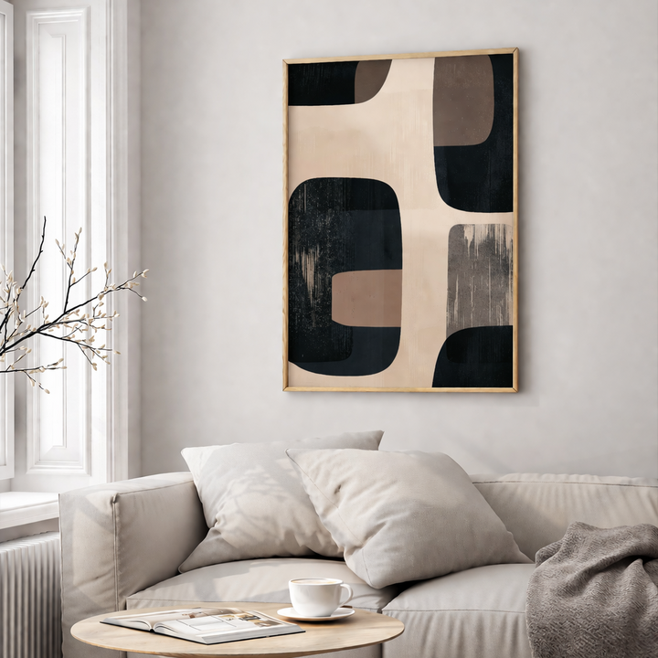 Modern abstract geometric blocks in black beige and taupe wall art