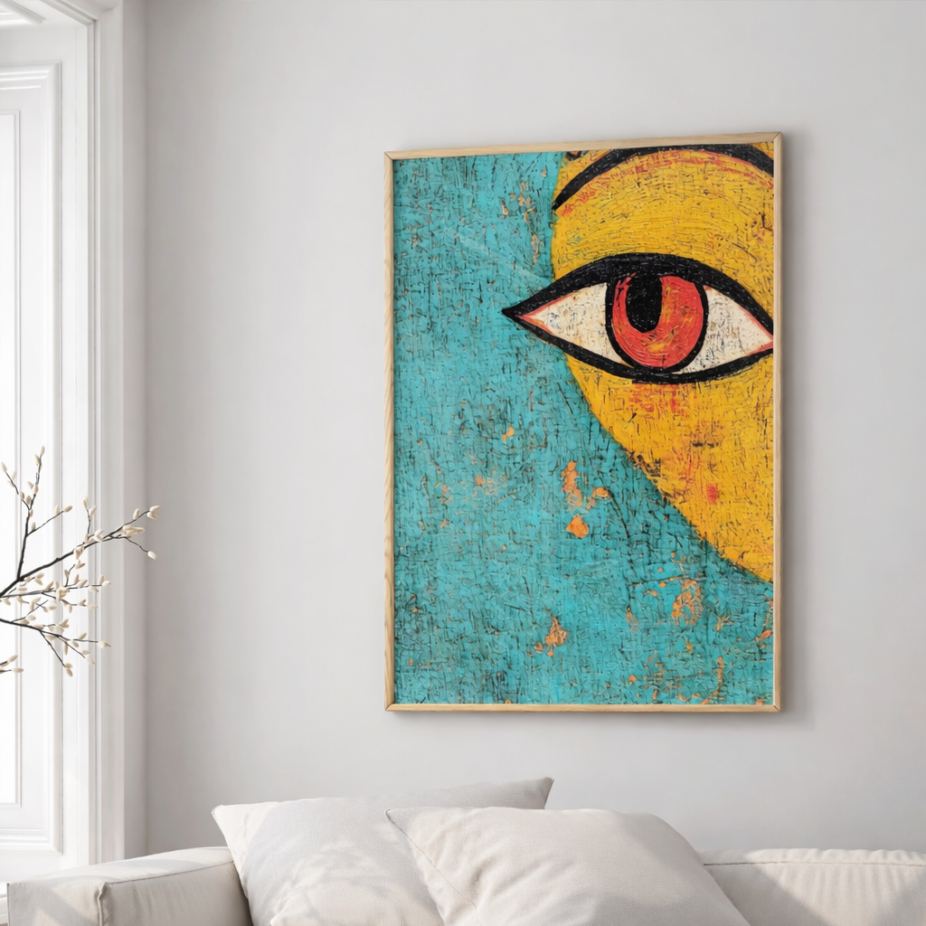 Abstract eye artwork with turquoise background and bold yellow face texture