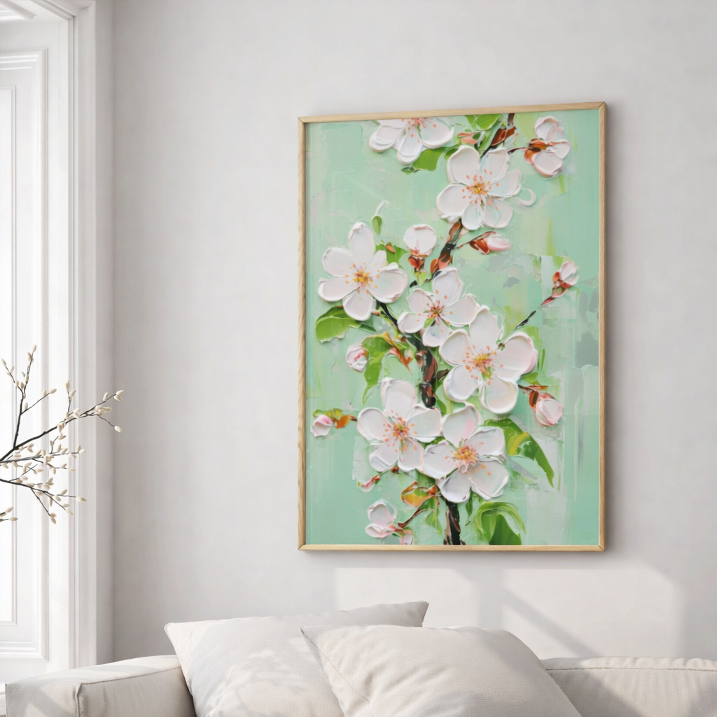 White blossom floral wall art with green background in modern living room