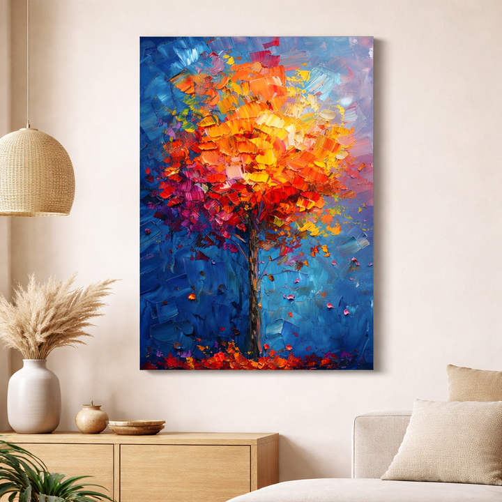 Abstract colorful tree canvas wall art with vibrant palette knife textures and bold warm and cool tones on premium canvas